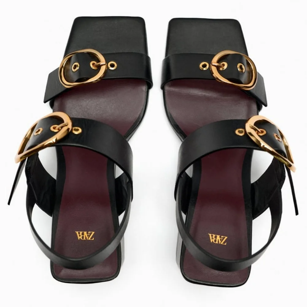 Zara Block heels buckled leather sandals black  new - Picture 6 of 9
